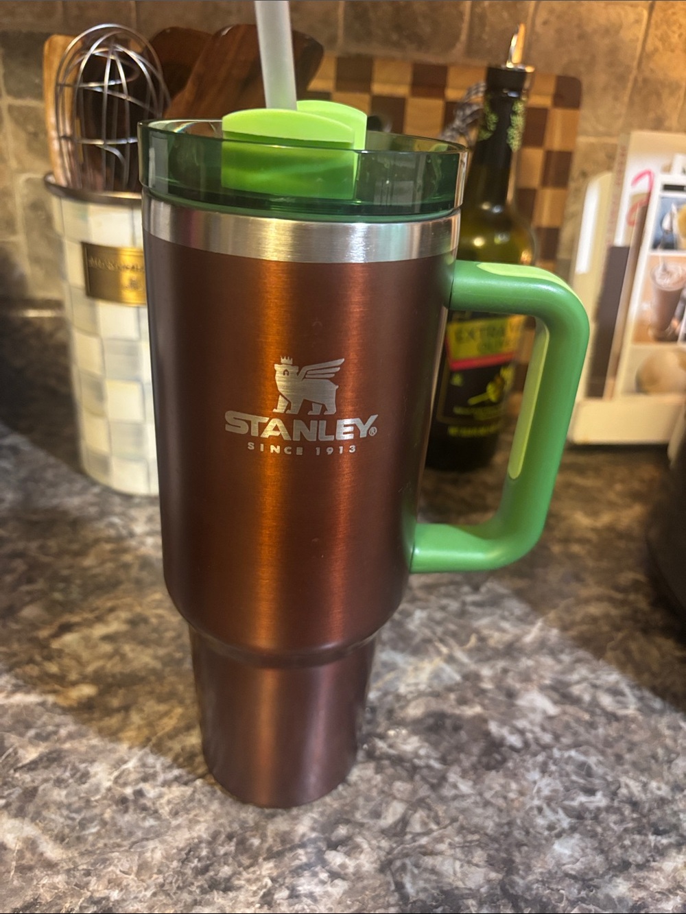 Stanley Brown Tumbler with Green Handle and Lid